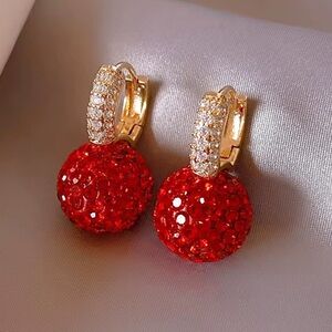 Luxury Red Crystal Ball Earrings – Gold Drop Sparkle Statement Jewelry